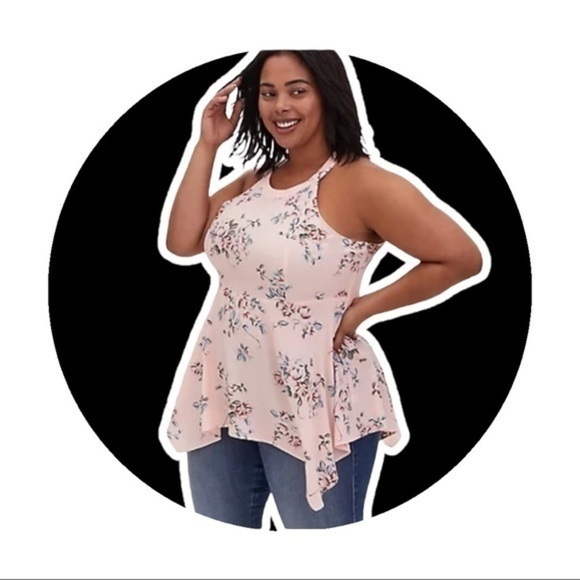 TORRID PINK FLORAL HIGH NECK HANDKERCHIEF TANK - Picture 2 of 8